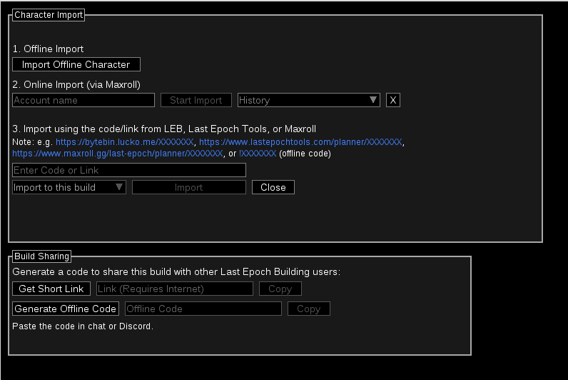 The LEB character import window