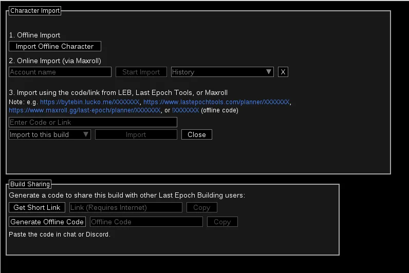 The Last Epoch Building character import window