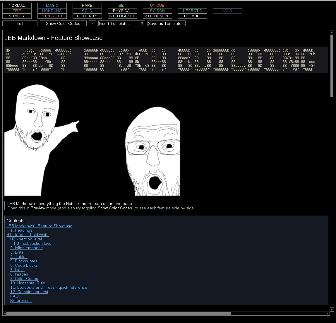 The Last Epoch Building notes tab showing a Markdown build guide