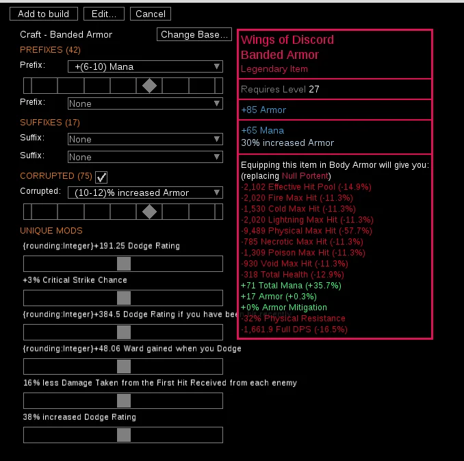 The Last Epoch Building crafting window with prefixes, suffixes, and a live stat comparison