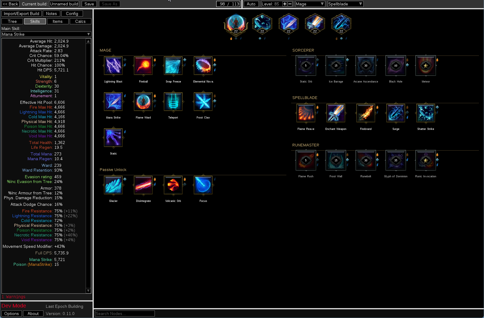 The LEB interface showing skill selection alongside the calculated stat breakdown